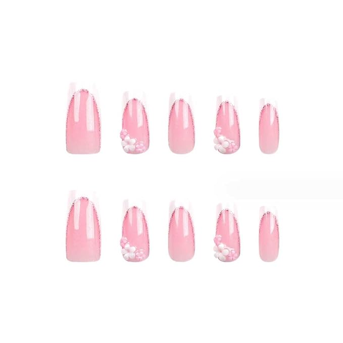 Foccna Press on Nails Long Rhinestone Pink Fake Nails Square Bling Glossy 3D Flower Artificial Nails Finger Manicure for Women and Girls-24pcs (Long Nails 5)