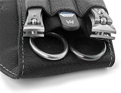 GERMANIKURE 4pc Manicure Set - Handmade in Solingen Germany, FINOX High Carbon Stainless Steel: Nail Clippers, SELF Sharpening Combination Scissors, Czech Glass Nail File in Leather Case