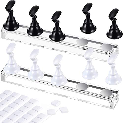 Blulu 2 Set Nail Stand for Painting Press Nail Holder Acrylic Magnetic Tips Training Fingernail Display Stands DIY Crystal Holders and 96 Pieces White Reusable Adhesive Putty(Black and White)