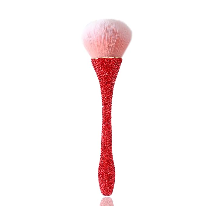 WOKOTO 1pcs Red Rhinestone Nail Dust Brushes For Acrylic Nails Powder Remover Brushes Loose Face Cosmetics Blending Liquid Foundation Powder Make Up Brushes Nail Trimming Cleaning Tools