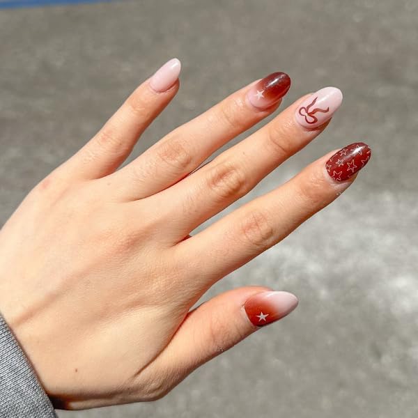 Baby Pink & Brown Semi Cured Gel UV Nail Stickers with Stars & Bows - 24 pcs Trendy Style Gel Polish Strips, 60s UV Gel Nail Strips, Salon Quality, Nail Decal Wraps up to 3-Weeks (Star Girl)