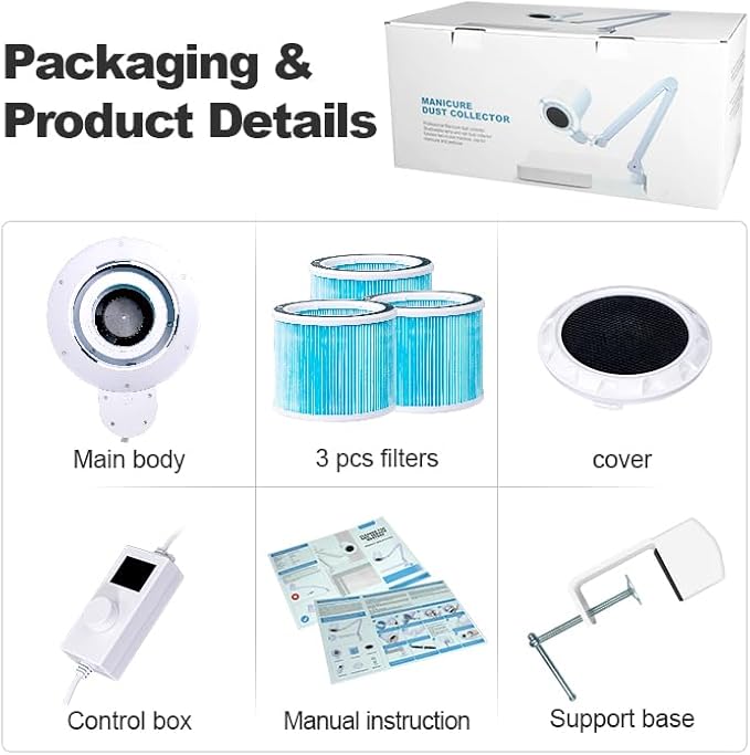 Professional Nail Dust Collector Pedicure, Overhead Manicure Vacuum Cleaner Extractor Table Mount Clamp for Salon Acrylic Nails, 80W Powerful Fan Suction Led Dimmable Lamp (3PCS Reusable Filters)