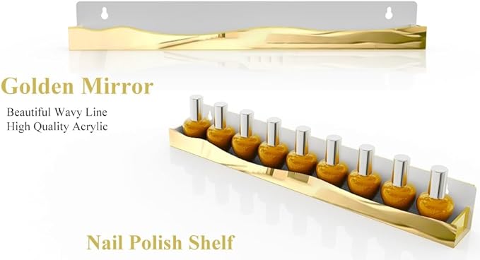 12 Pack Gold Mirror Nail Polish Racks 15 Inch Acrylic Wall Mount Shelves with Stopper for Nail Polish Organizer, Picture Frames, Books, Home Dec