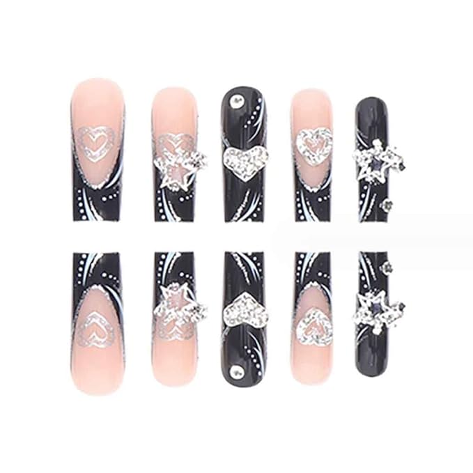 Foccna Press on Nails Long Rhinestone Fake Nails Black Square Bling Glossy Artificial Nails Finger Manicure for Women and Girls-24pcs (Long Nails 2)