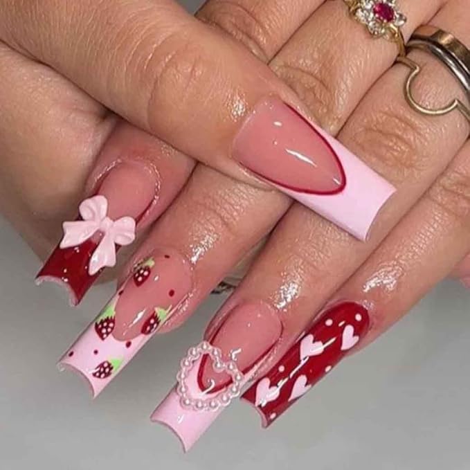 Foccna Press on Nails Long Rhinestone Pink Fake Nails Square Bling Glossy Artificial Nails Finger Manicure for Women and Girls-24pcs (Long Nails 3)