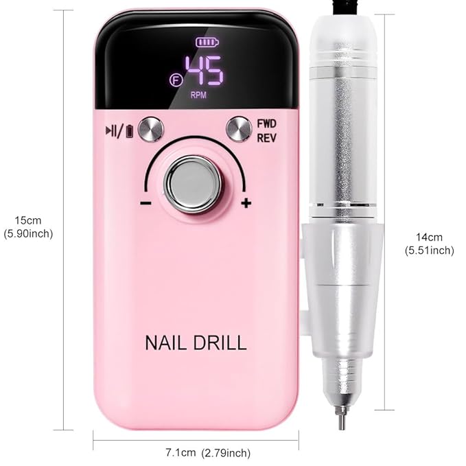 Professional Electric Nail Drill, 45000 RPM Cordless Rechargeable E-File Machine, with 12 Bits, Sanding Bands, LCD Display for Acrylic Gel Nails (DMJ-V6-PINK-USB)