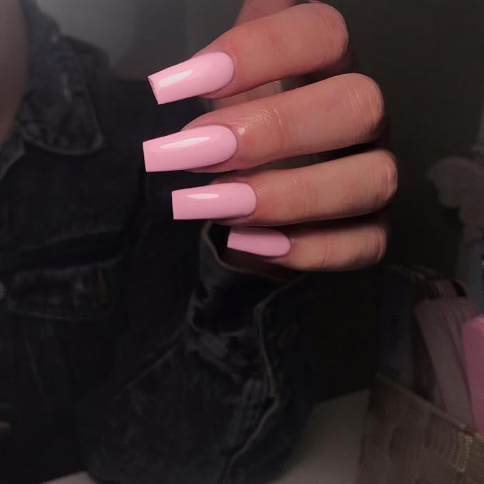 KQueenest Baby Pink Press on Nails Long Medium Square, Glossy Gel Medium Fake Nails Press ons, Natural Solid Color Full Cover Acrylic Nails for Women Daily Wear, 24 Pcs