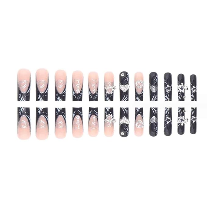 Foccna Press on Nails Long Rhinestone Fake Nails Black Square Bling Glossy Artificial Nails Finger Manicure for Women and Girls-24pcs (Long Nails 2)