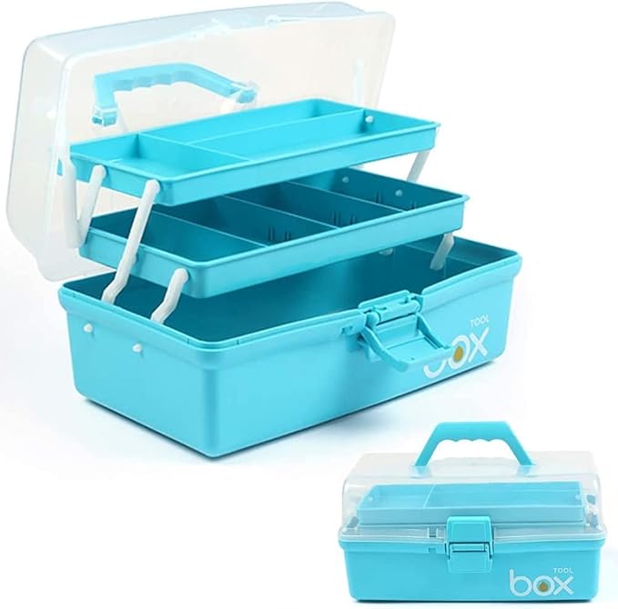 12in 3-Layer Plastic Craft Organizers and Storage, Portable Folding Tackle Box with Handle & Adjustable Dividers, Multipurpose Case for Sewing, Art Supplies, Medicine, Tools (Blue)