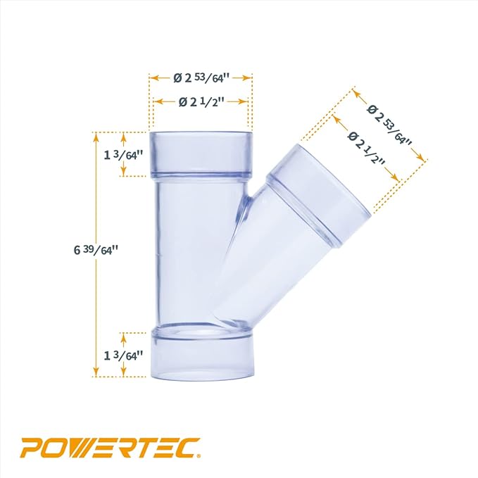 POWERTEC 2-1/2 Inch ID Y Fitting for 2 1/2 Inch OD Dust Collection Pipes, PVC, 2 Pack
