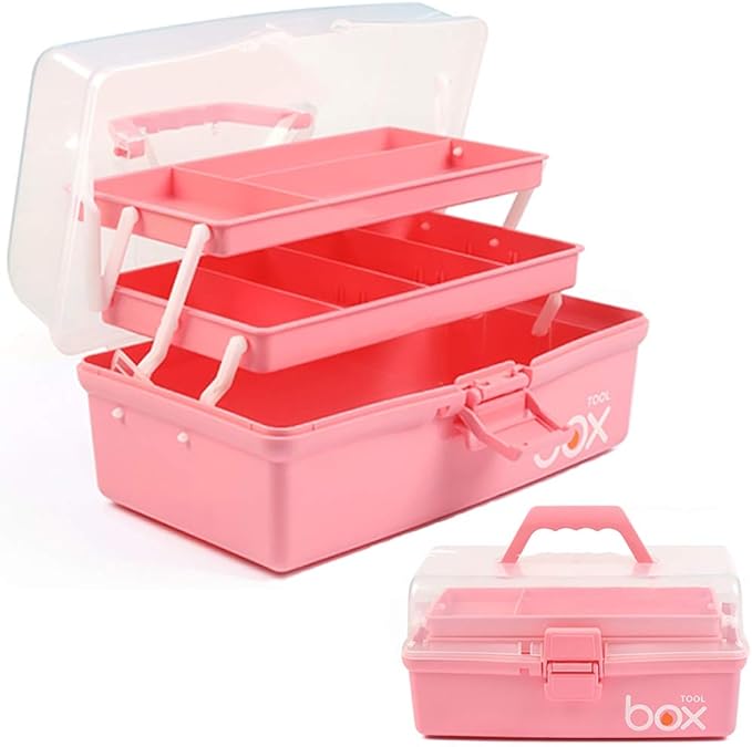 12in 3-Layer Plastic Craft Organizers and Storage, Portable Folding Tackle Box with Handle & Adjustable Dividers, Multipurpose Case for Sewing, Art Supplies, Medicine, Tools (Pink)