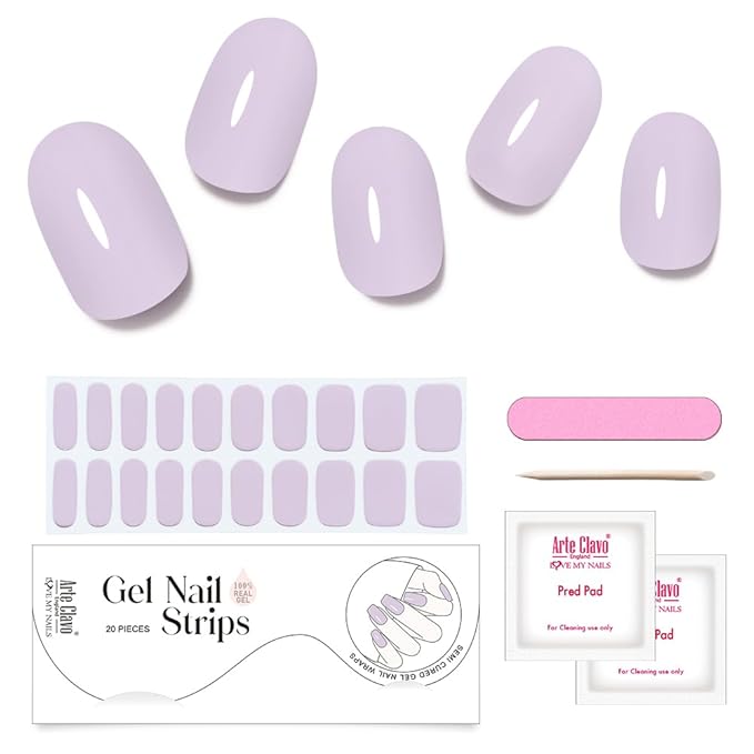 Arte Clavo Semi Cured Gel Nail Strips, 20 Pcs Gel Nail Stickers with UV Light Required, Salon Quality, Long Lasting, Easy Apply and Remove (Light Purple)