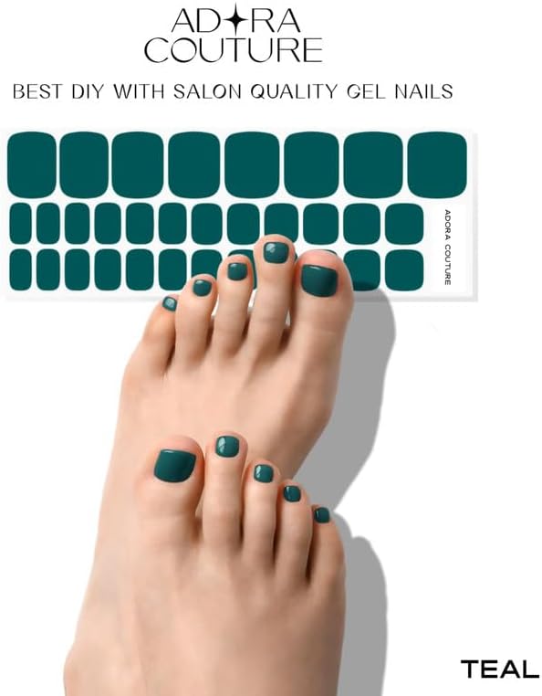 Semi Cured Gel Nail Strips - 32 pcs Gel Pedicure Stickers, Easy to Apply & Remove Toenail Stickers, Salon Quality at Home & Long Lasting - UV Nail Lamp Required - Teal P