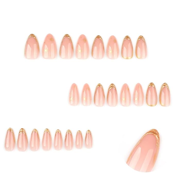 Foccna Press on Nails Almond Fake Nails with Gold Line Design Glue on Nails Acrylic Nails Glossy Full Cover Stick on Nails for Women 24Pcs