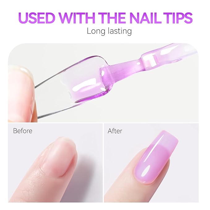 Gelike EC Nail Glue Gel 6 in 1 for Press-On Nails and Nail Tips Long Lasting Extension Strong Hold Brush-On UV Adhesive for Acrylic Tips Quick Dry Low-Odor No Pop-Off DIY at Home & Salon Art Use
