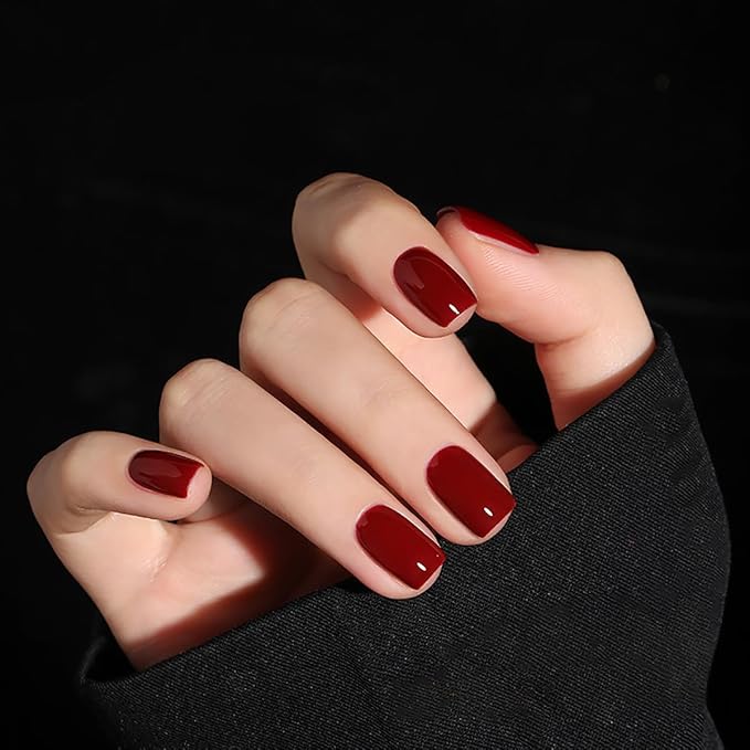 Wine Red Press on Nails Short Square Fake Nails, Reusable Gel False Nail Kit with Nail Glue Set, Full Cover False Nails Acrylic Glue on Nails Press Ons DIY Manicure in 24 Pcs