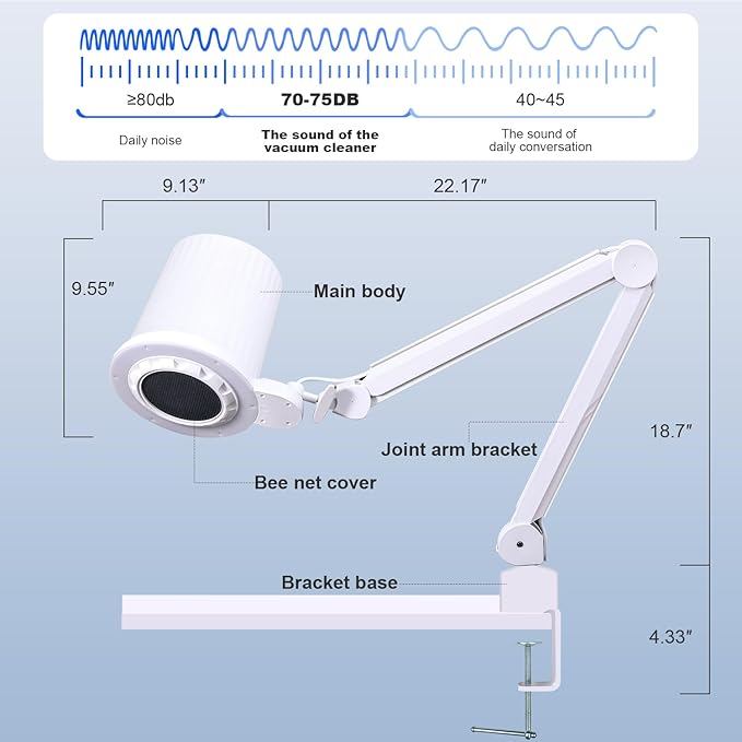 Professional Nail Dust Collector Pedicure, Overhead Manicure Vacuum Cleaner Extractor Table Mount Clamp for Salon Acrylic Nails, 80W Powerful Fan Suction Led Dimmable Lamp (3PCS Reusable Filters)