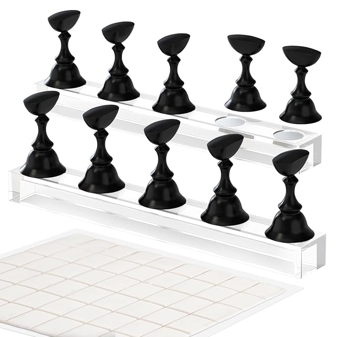 Nail Stand Acrylic Nail Art Display Stand Magnetic Nail Tips Practice Holder 54 Pcs Reusable Adhesive Putty for DIY Painting Nails Stand kit (Black)