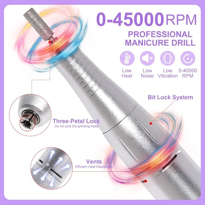 Professional Electric Nail Drill, 45000 RPM Cordless Rechargeable E-File Machine, with 12 Bits, Sanding Bands, LCD Display for Acrylic Gel Nails (DMJ-V6-WHITE-USB)