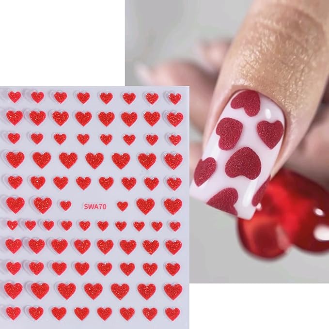 Valentine's Day Heart Nail Art Stickers Decals Glitters Heart Nail Stickers 6PCS Red Pink Shining Love Heart Nail Adhesive Decals Heart Stickers for Nails Valentines DIY Manicure Nail Art Decorations