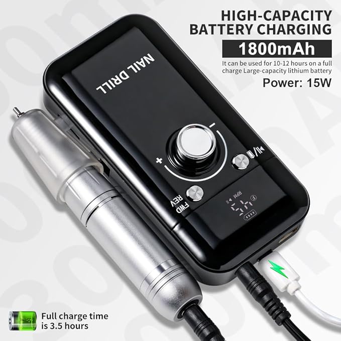 Professional Electric Nail Drill, 45000 RPM Cordless Rechargeable E-File Machine, with 12 Bits, Sanding Bands, LCD Display for Acrylic Gel Nails (DMJ-V6-Black-USB)