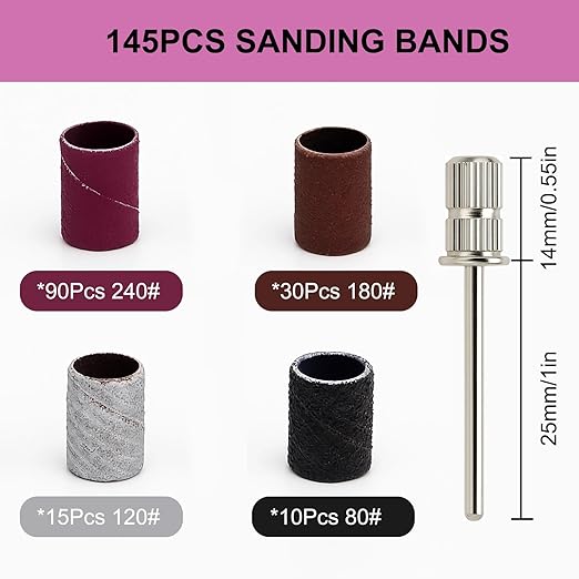 Nail Drill Bits, 145 Pcs Nail Drill Sanding Bands Set - 80# 120# 180# 240# Fine Grit File Sanding Bands for Acrylic Gel Nails, Manicure & Pedicure Nail Tech Tools