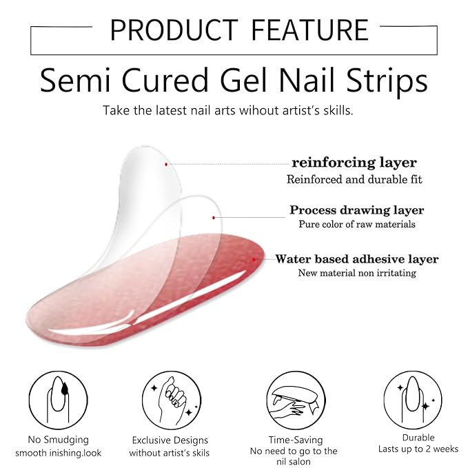 WOKOTO Semi Cured Gel Nail Strips, 20 Pcs Pink Gradient Glitter Semi Cured Gel Nail Stickers Full Nail Wraps With Nail File & Wood Stick, UV Light Required, Salon Quality, Easy to Apply&Remove
