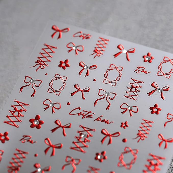 5D Embossed Red Bows Nail Stickers, Nail Art Sticker with Crystal Rhinestones Self-Adhesive Nail Decals for Women Nail Supplies Art Design Stickers (1, Red)