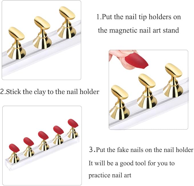 Etercycle Acrylic Nail Display Stand DIY Nail Crystal Holder Magnetic Practice Stands with Reusable Adhesive Putty Clay for False Nail Tip Manicure Tool (2 Black)