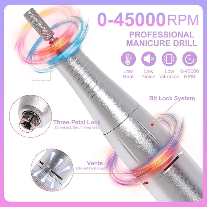 Professional Electric Nail Drill, 45000 RPM Cordless Rechargeable E-File Machine, with 12 Bits, Sanding Bands, LCD Display for Acrylic Gel Nails (DMJ-V4-purple-USB)