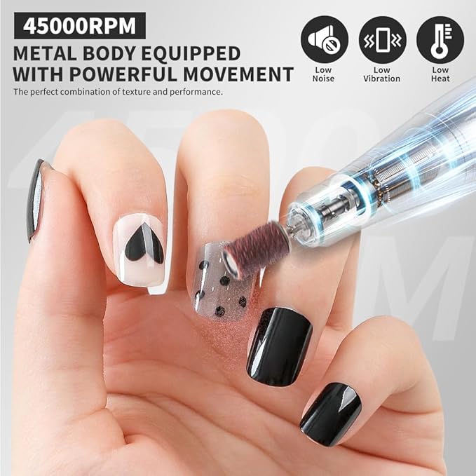 Professional Electric Nail Drill, 45000 RPM Cordless Rechargeable E-File Machine, with 12 Bits, Sanding Bands, LCD Display for Acrylic Gel Nails (DMJ-V8-Gray-USB)