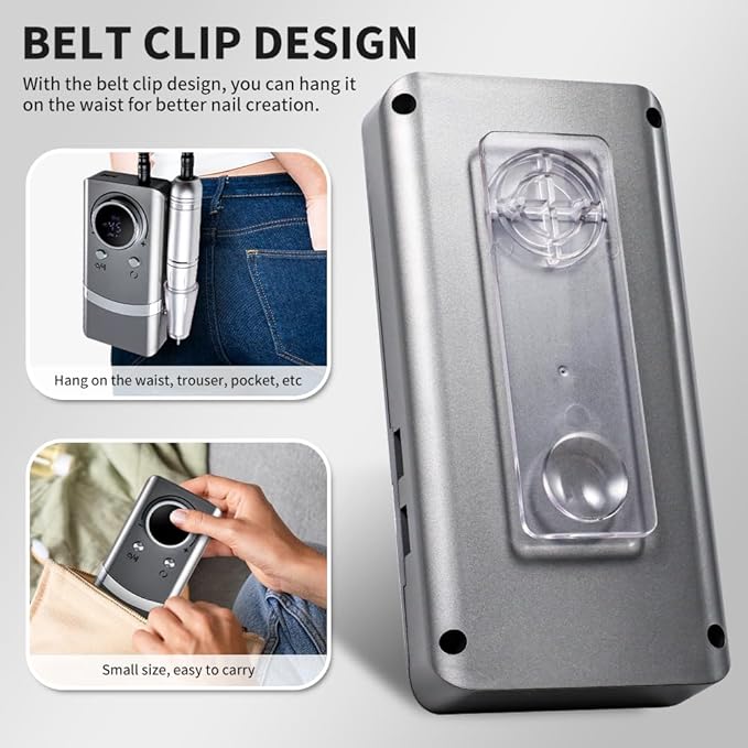 Professional Electric Nail Drill, 45000 RPM Cordless Rechargeable E-File Machine, with 12 Bits, Sanding Bands, LCD Display for Acrylic Gel Nails (DMJ-V8-Gray-USB)