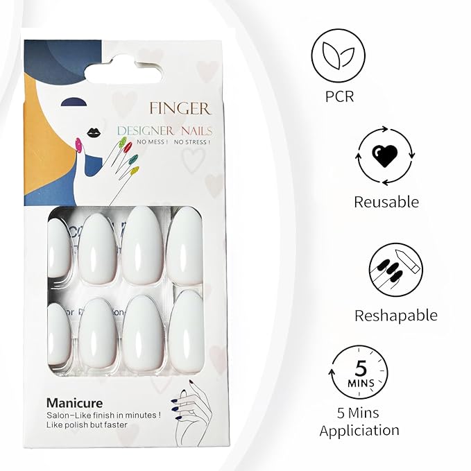 White Press On Nails Almond -Short Press On Nails with Nail Glue, Fit Perfectly & Natural Reusable Stick On Nails in 12 Sizes - 24PCS Soft Gel Glue On Nails Kit