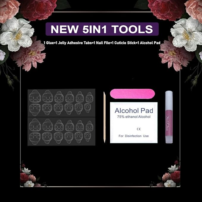 Wine Red Press on Nails Short Square Fake Nails, Reusable Gel False Nail Kit with Nail Glue Set, Full Cover False Nails Acrylic Glue on Nails Press Ons DIY Manicure in 24 Pcs