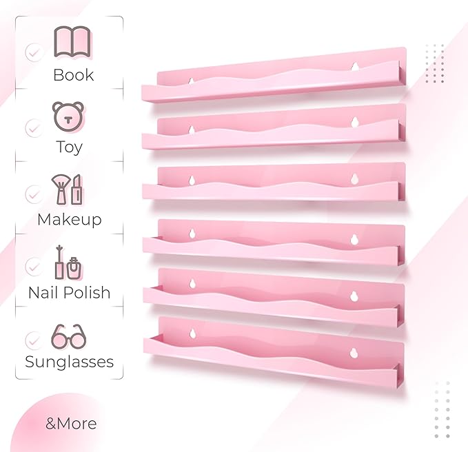 YMVV 6 Pack Nail Polish Wall Mounted Shelf,15 Inch Nail Polish Floating Shelves for 66-90 Bottles Multi-Purpose,Ideal Gift, Great Display for Salons Retailers,Pink