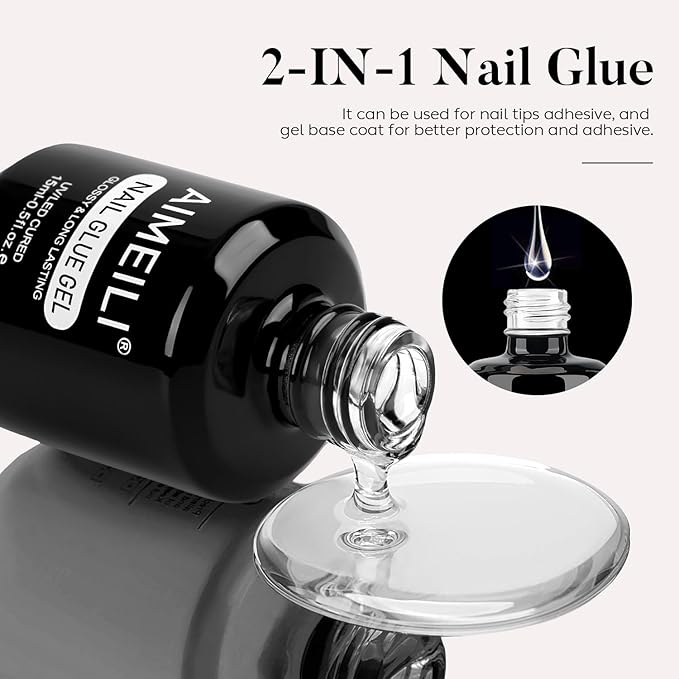 AIMEILI Hema Free 2 in 1 Nail Glue and Base Gel 15ML for Acrylic Nails, Cruelty Free, Vegan, Strong Nail Glue Gel for False Nails