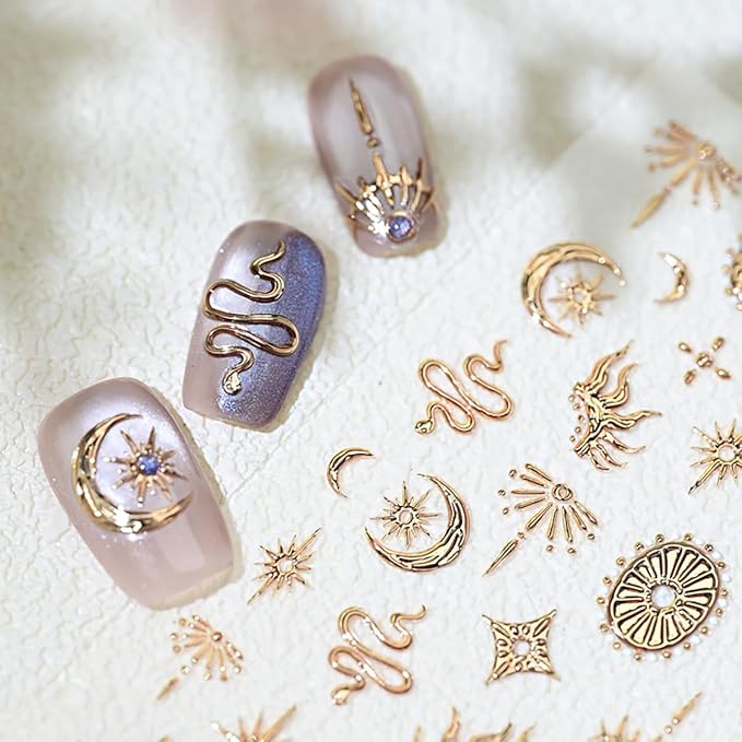 1 Sheets Embossed Star Nail Stickers for Nail Art Gold Snake Nail Decals 5D Self-Adhesive Bronzing Stars Moon Nail Supplies Gold Nail Art Stickers for Women Girls DIY Nail Decoration Accessories