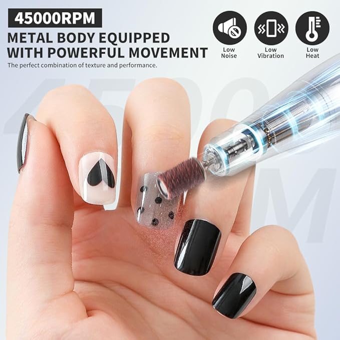 Professional Electric Nail Drill, 45000 RPM Cordless Rechargeable E-File Machine, with 12 Bits, Sanding Bands, LCD Display for Acrylic Gel Nails (DMJ-V3)