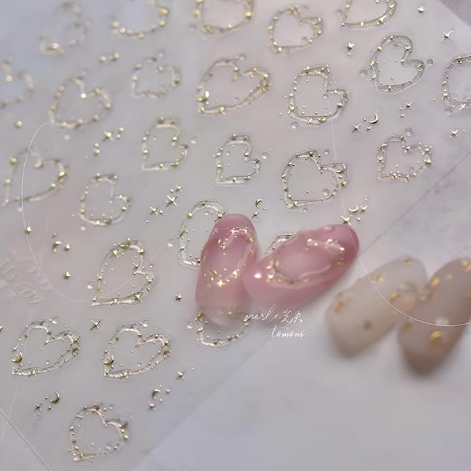 Valentine's Day Nail Art Stickers 5D Embossed Nail Decals Heart Nail Stickers with Gold Star Nails Design Heart Nails Supplies for Women Girls DIY Manicure
