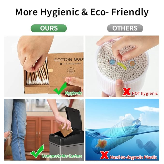 Bamboo Cotton Swabs 400 Count - Vegan Cotton Buds - Natural Wooden Ear Sticks With Double Tipped - Organic Cotton Swabs For Ear Wax Removal
