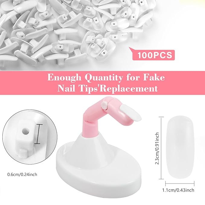 Practice Fingers for Acrylic Nails, Flexible Movable Fake Finger to Practice Fake Nails, 1PC Adjustable Pink Nail Finger Practice, 1PC White Acrylic Finger Base and 100PCS White Nail Tips