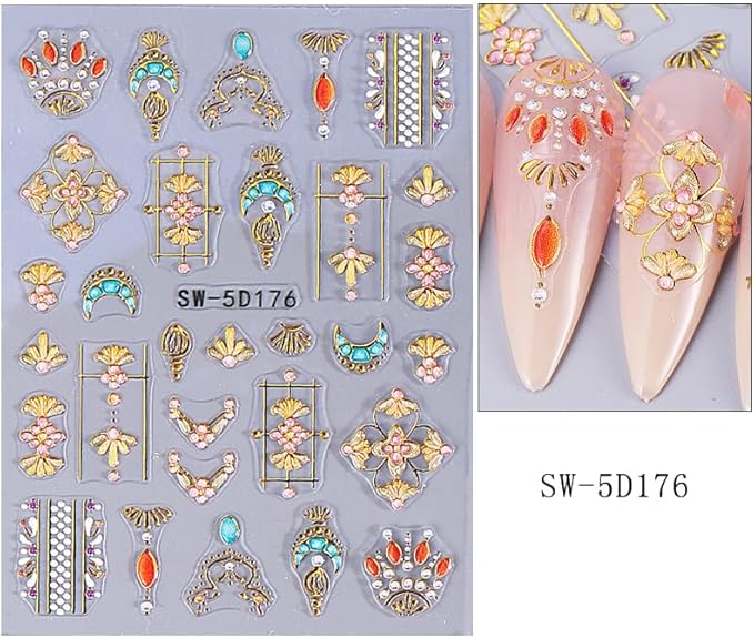 2 Sheets Gold Nail Stickers Sun Nail Art Stickers Stars Moon Nail Decals 5D Embossed Self Adhesive Nail Art Decals Rhinestones Nails Design for Women Decoration Accessories Manicure DIY