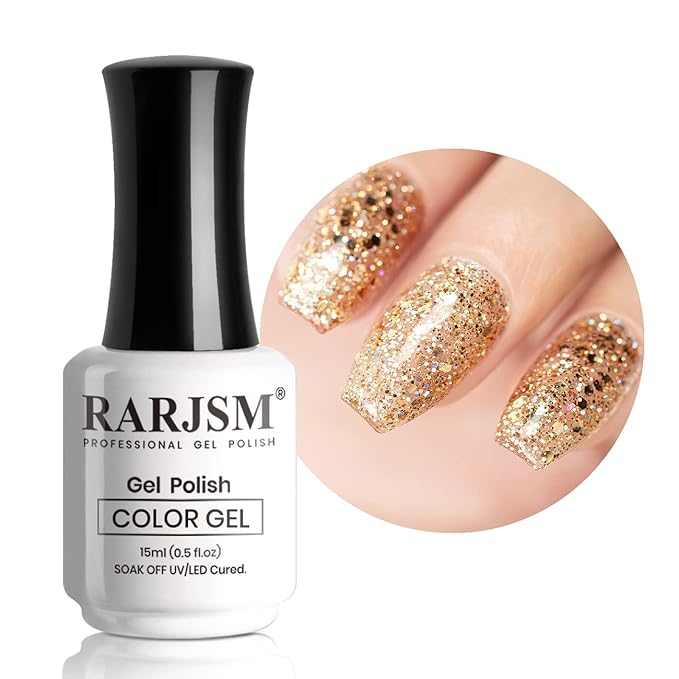 RARJSM Champagne Gold Glitter Gel Nail Polish Sparkly Iridescent Rainbow Shimmer Holographic Gelpolish Soak off L e d U V Curing Required High Pigments Gel for Home Salon Manicure Nail Art 15ml