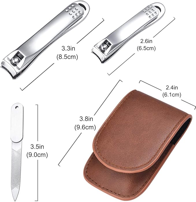 Nail Clipper Set - Stainless Steel Fingernail Clippers Toenail Curved Blades Nail Cutter and Nail File w/PU Sheath for Men Women