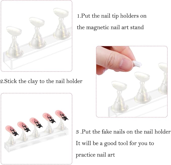 Etercycle Acrylic Nail Display Stand DIY Nail Crystal Holder Magnetic Practice Stands with Reusable Adhesive Putty Clay for False Nail Tip Manicure Tool(White with gold)