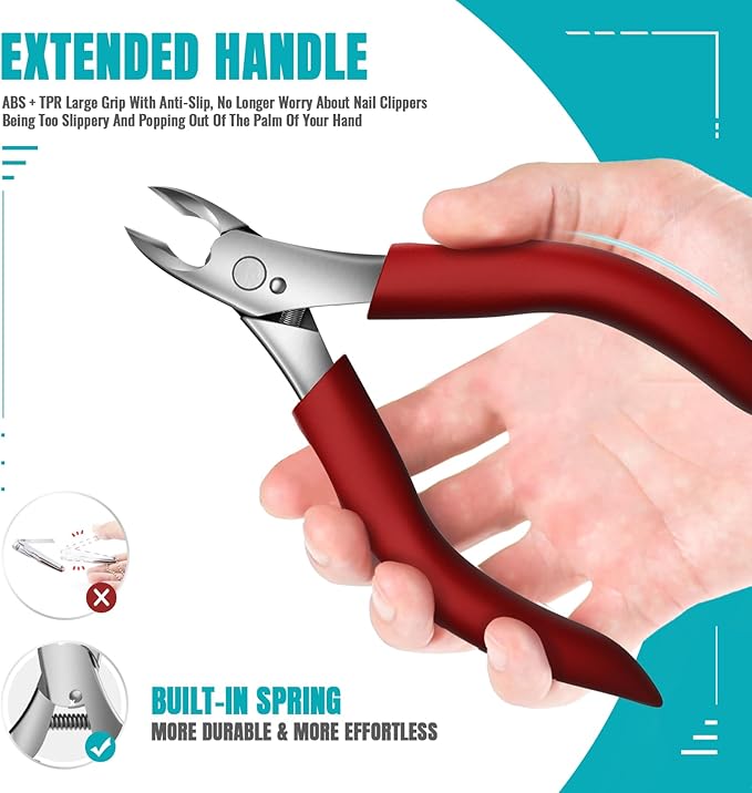 Toenail Clippers for Thick Nails for Seniors - Heavy Duty Toe Nail Clippers Kit with Long Handle for Men & Elderly with Inflexible Joints, Professional Nail Clippers Kit for Thickened Toenails (Red)