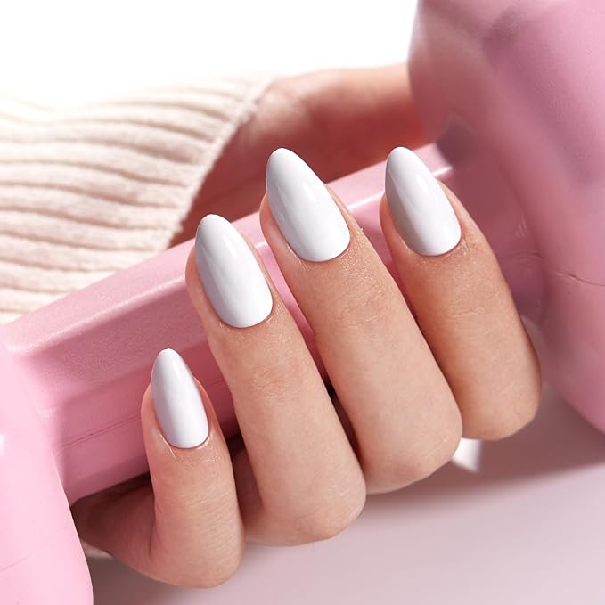 VSALON Press on Nails Short Almond - Pastel Solid White Cream Finish Nails for Halloween, Opaque Reusable Soft Gel Fake Nails with Nail Glue, Cuticle Oil - 32 PCS Glue On Nails in 16 Sizes