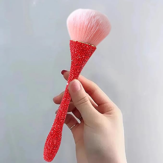 WOKOTO 1pcs Red Rhinestone Nail Dust Brushes For Acrylic Nails Powder Remover Brushes Loose Face Cosmetics Blending Liquid Foundation Powder Make Up Brushes Nail Trimming Cleaning Tools