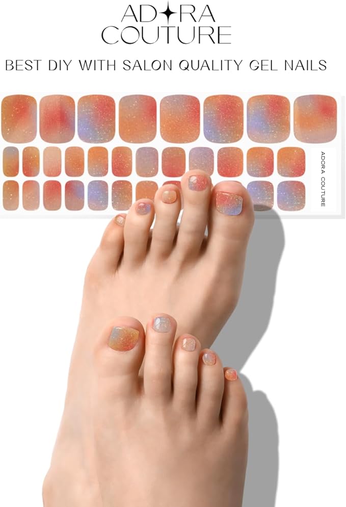 Semi Cured Gel Nail Strips - 32 pcs Gel Pedicure Stickers, Easy to Apply & Remove Toenail Stickers, Salon Quality at Home & Long Lasting - UV Nail Lamp Required - Glitter Haze P