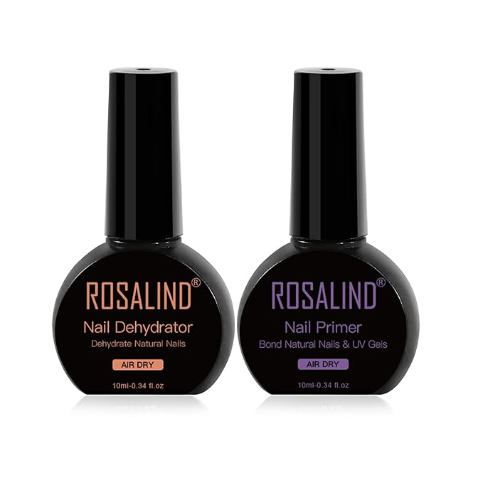 ROSALIND Nail Dehydrator and Primer, 2 PCS 0.34 fl oz/10 ml Professional Prep Dehydrator & Bond Nail Primer System for Acrylic, Gel, Dip Nails Ensures Fast Dry & Superior Adhesion